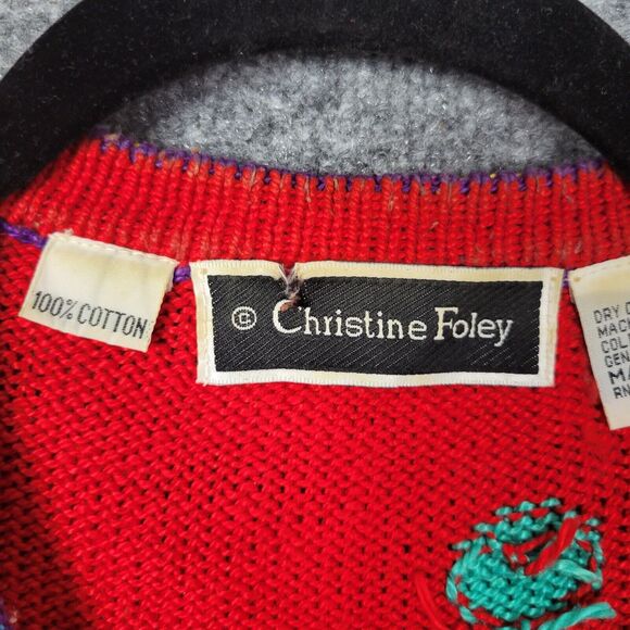 CHRISTINE FOLEY Vintage Red Artsy Folk Bird Knitted Art To Wear Cardigan SIZE 2 - Picture 12 of 13